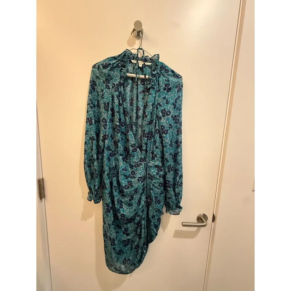 Veronica Beard Teal Navy Floral Chiffon Long Sleeve Midi Dress 4 - Picture 6 of 12